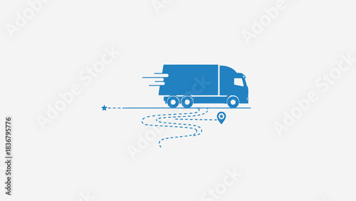 Blue delivery truck icon with speed lines and a dotted route path ending in a location pin, symbolizing fast shipping and logistics.