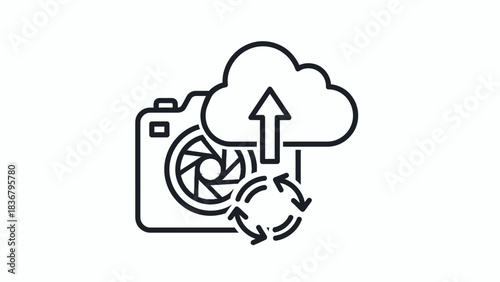 Line art vector icon illustrating digital camera photo upload and synchronization to cloud storage. Data transfer concept.