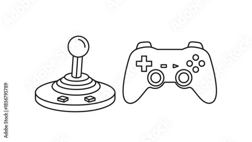 Retro Joystick and Modern Video Game Controller Line Art. Gaming Input Devices for Vintage and Contemporary Entertainment.