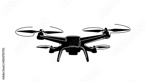 Sleek black silhouette of a modern quadcopter drone, remote controlled aerial technology icon for photography and surveillance