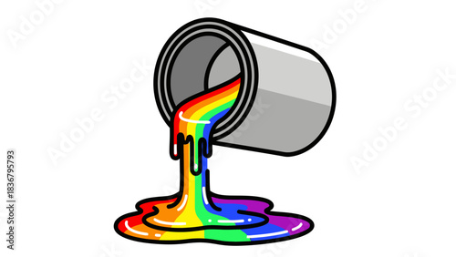 Vibrant rainbow paint pouring and spilling from an overturned paint can, colorful liquid puddle, artistic illustration, creative design element