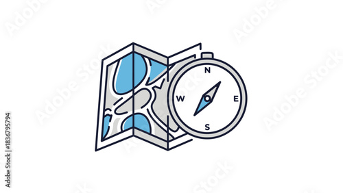 Navigation map and compass illustration. Essential tools for travel, adventure, exploration, and finding direction.