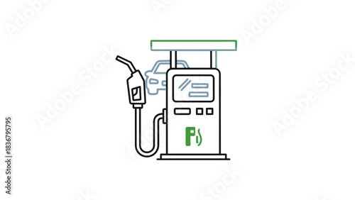 Line art illustration of a fuel pump, car, and gas station, symbolizing energy, refueling, and eco-friendly driving.