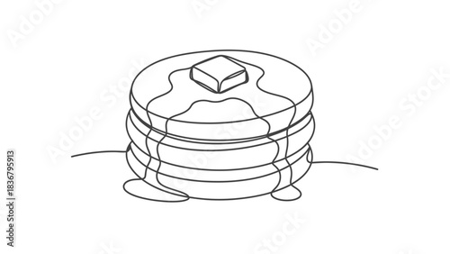 Minimalist line art illustration of a stack of pancakes with butter and syrup. Sweet breakfast food sketch.
