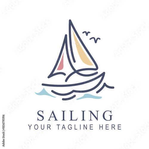 sailboat sailing ship logo with sea ocean waves in line art design style