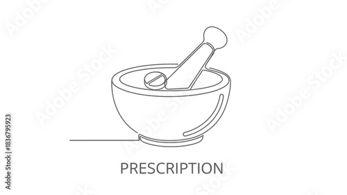 Minimalist continuous line art of mortar and pestle with 'PRESCRIPTION' text. Pharmacy, medicine, natural remedy icon illustration.