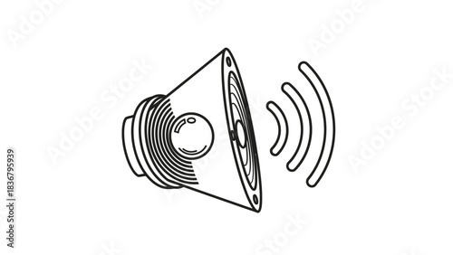 Minimalist line art illustration of a speaker icon emitting sound waves, symbolizing audio, volume control, or multimedia.