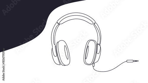 Minimalist continuous line drawing of modern over-ear headphones with an audio jack and cable, isolated on a clean white background.