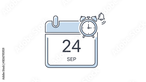 Minimalist calendar icon with September 24th and ringing alarm clock, symbolizing event reminders, deadlines, and appointment scheduling.