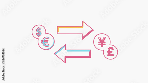 Global Currency Exchange Illustration: Digital concept with dollar, euro, yen, pound symbols and arrows representing international finance.