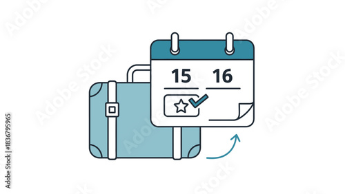 Travel planning and booking concept with suitcase and calendar. Holiday trip organization, vacation dates, journey schedule illustration.