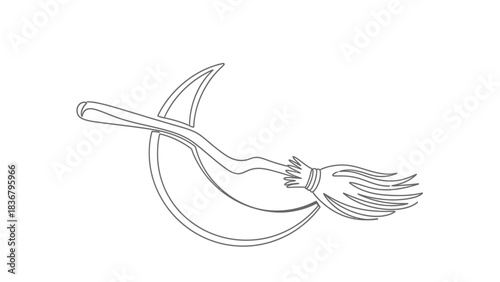 Magical Flying Broomstick and Crescent Moon Line Art Illustration. Halloween Fantasy Concept, Mystical Night Sky Vector
