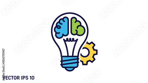 Creative thinking and logic process vector icon. Brain in a light bulb with a gear symbol for innovation and problem-solving.