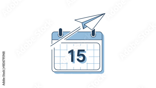 Minimalist calendar icon with paper airplane flying, symbolizing event planning, schedule management, deadline, reminder, and future launch.