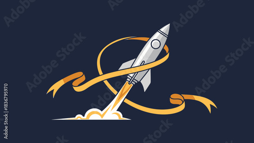 Stylized rocket launch illustration with golden ribbon, symbolizing startup success, business growth, innovation, and technological progress.