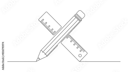 Minimalist continuous line art of a wooden pencil drawing a straight line with a ruler. Design, engineering, education concept.
