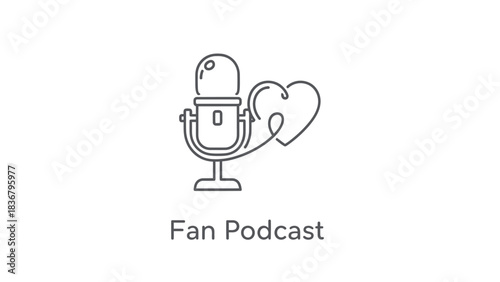 Line art microphone with heart icon, symbolizing fan podcast, audio content, love for broadcasting, digital media, streaming, and online radio show.