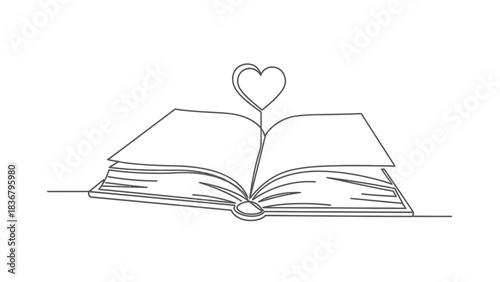 Minimalist single continuous line drawing of an open book with a heart. Love for reading, education, and knowledge concept.