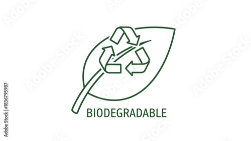 Biodegradable product icon with green leaf and recycling symbol. Eco-friendly, compostable, and sustainable design emblem for packaging.
