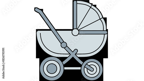 Cartoon baby stroller vector illustration in flat design. Modern pram icon for infant transport and parental care.