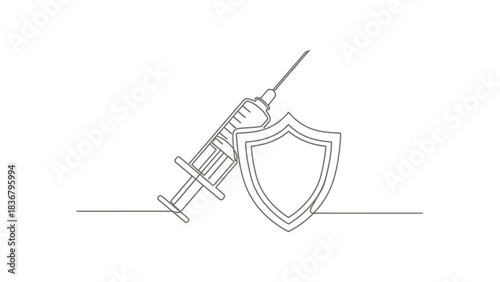 Medical Syringe and Shield Continuous Line Art for Vaccination, Immunity, and Health Protection Concept