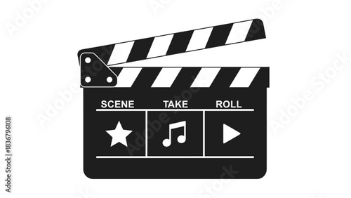 Classic Black Film Clapperboard with Media Icons for Movie Production, Video, and Entertainment Industry