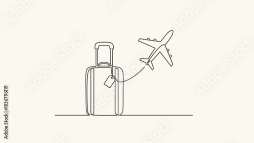 Minimalist continuous line art illustration of a suitcase and airplane, symbolizing global travel, vacation, journey, and departure.