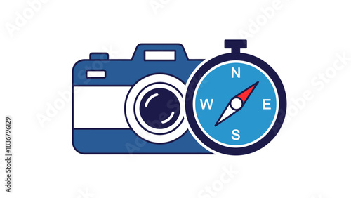 Travel photography concept with camera and compass icons. Adventure exploration and creative content creation symbol.