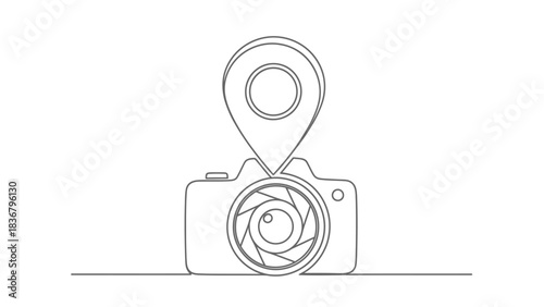 Continuous line art camera with location pin icon. Travel photography, geotagging, mapping, and memory concept illustration.