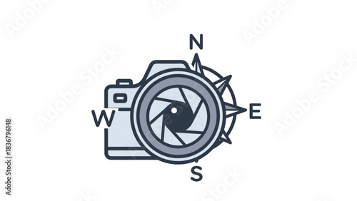 Creative Camera Icon with Compass and Aperture Shutter Representing Travel Photography, Exploration, Direction, and Adventure