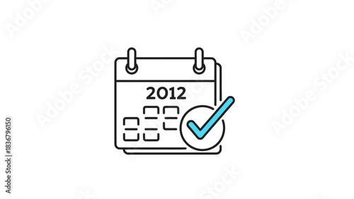 Outline calendar icon showing year 2012 with a turquoise checkmark, symbolizing completed task, past event, or scheduled date.