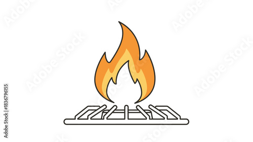 Bright orange and yellow gas flame burning on a metal stovetop burner grate. Minimalist vector icon illustration for cooking, heat, and energy.