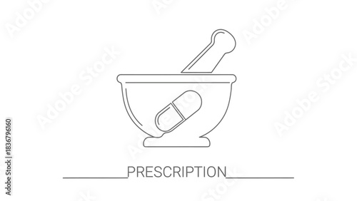 Minimalist Line Art Icon of Mortar and Pestle with Capsule Pill and 'PRESCRIPTION' Word. Pharmacy, Healthcare, Medicine Symbol.