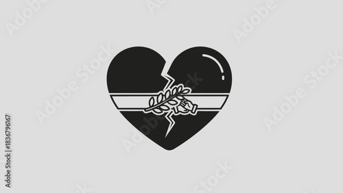 Symbolic grayscale vector illustration of a broken heart with a delicate leaf branch, representing loss, sorrow, conflict, or reconciliation.