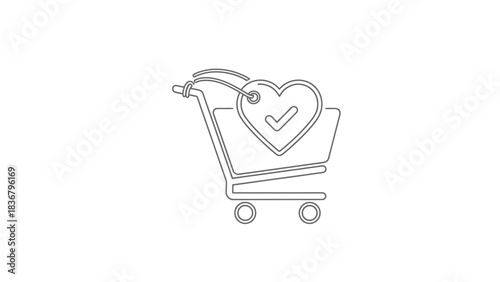 Line art shopping cart icon with heart tag and checkmark, symbolizing successful online purchase, favorite items, or customer satisfaction