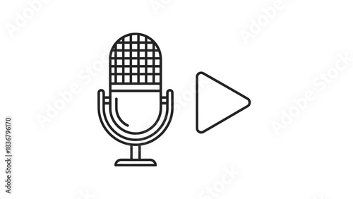 Line art microphone and play button icon. Simple vector symbol for audio recording, voice message, podcast, sound media playback interface.