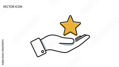 Hand holding golden star vector icon for rating, quality, success, feedback, achievement, and excellent service concept