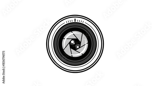 Stylized camera lens aperture icon in black and white, representing photography, vision, and optical technology concept.
