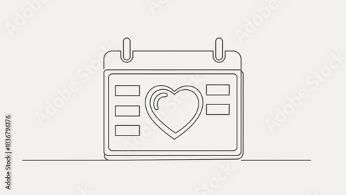 Continuous line art calendar icon with heart symbol. Special date, love, anniversary, event planning, romantic schedule concept.