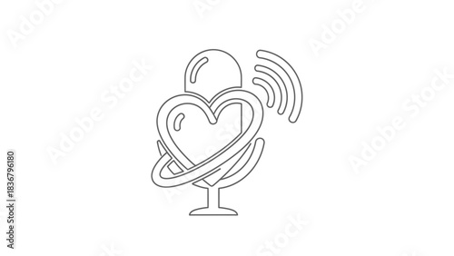 Outline Microphone with Heart & Sound Waves Icon. Love for Podcast, Music, Broadcasting, Audio, and Communication Line Art Symbol.
