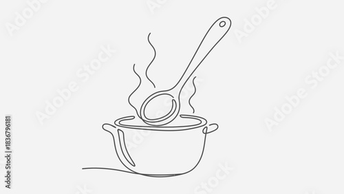 Continuous one line drawing of a cooking pot with a ladle and steam. Simple minimalist art for hot food or soup preparation.