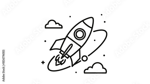 Rocket launch line art icon with stars and clouds. Space exploration, startup business concept. Outline vector illustration.