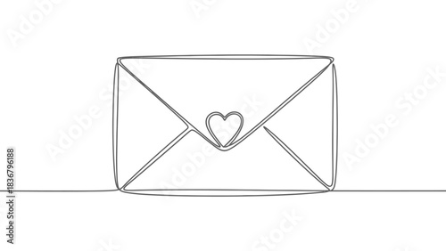 Continuous line drawing of a closed envelope with a heart on the flap. Simple minimalist design for love letters and messages.