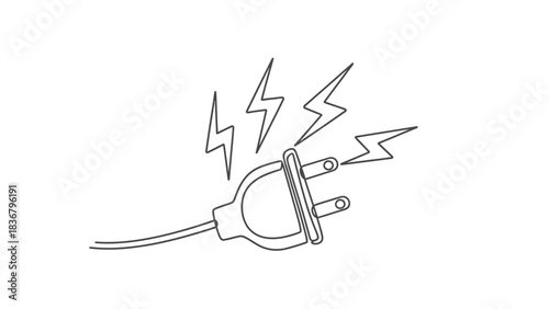 Electric plug with lightning bolts illustration, symbolizing danger, power failure, short circuit, or electrical malfunction. Outline style.
