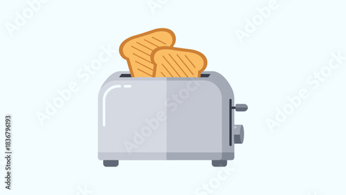 Flat design illustration of a metallic toaster with two slices of golden toast popping up, ready for a delicious breakfast