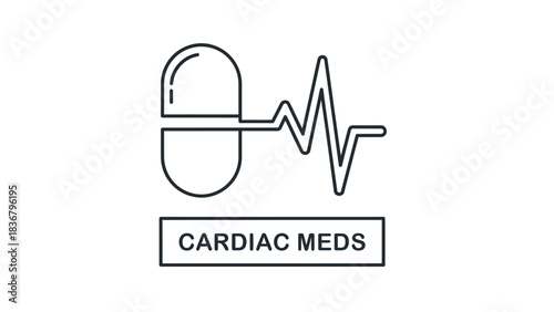 Cardiac Meds Vector Icon with Pill Capsule and Heartbeat ECG Line for Cardiology and Health Treatment Illustration