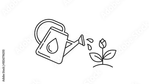 Line art illustration of a watering can nurturing a young plant, symbolizing growth, gardening, nature, and new beginnings.