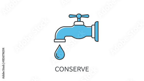 Water conservation concept with dripping faucet and single droplet. Save water, ecological footprint, environmental protection line icon.