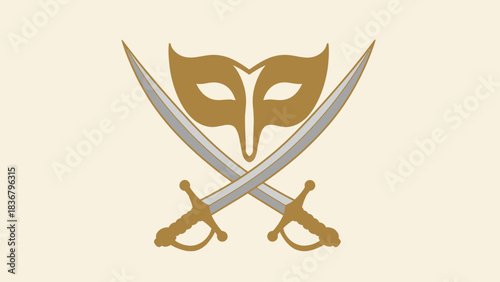 Elegant golden masquerade mask over crossed pirate swords on a cream background, symbolizing mystery, adventure, and secrecy.