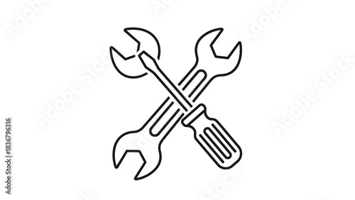 Outline icon of crossed wrench and screwdriver. Concept for repair, maintenance, service, tools, settings, or technical support.